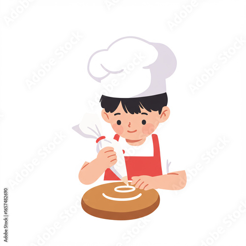 Professional male cartoon chef in a hat and uniform holding a tray with a pizza