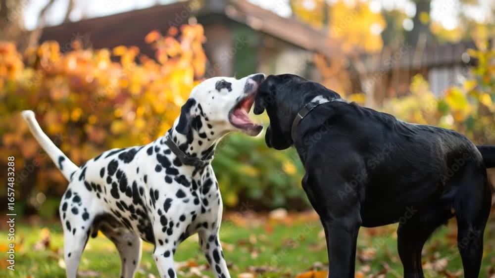 Dalmatian touches noses with a Black Lab, outdoors in autumn light Dalmatian touches noses with a Black Lab, outdoors in autumn light