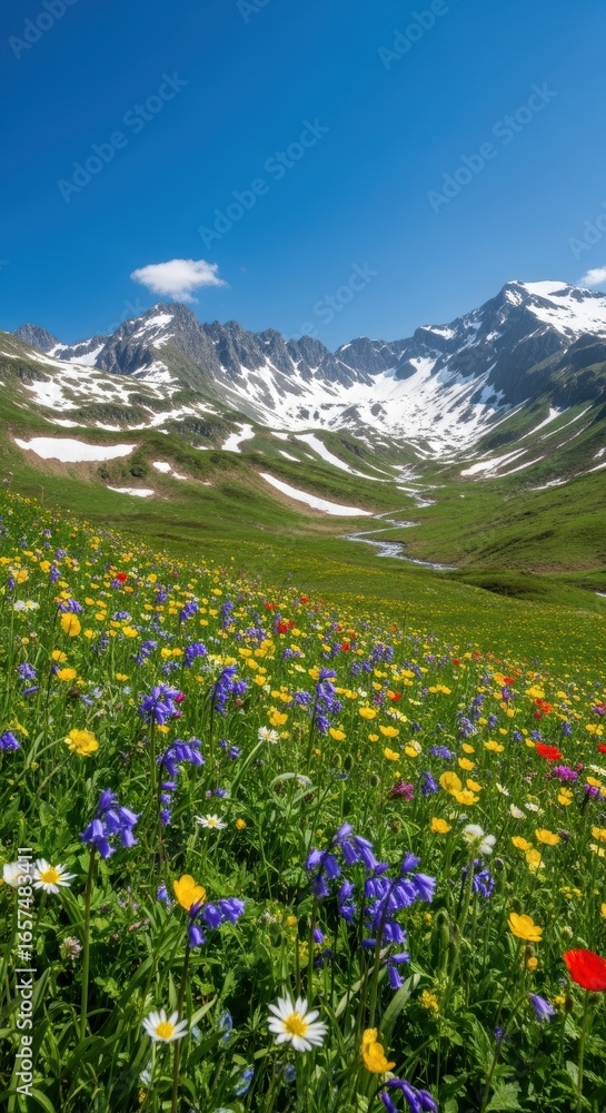 Fototapeta premium Alpine Meadow in Spring with Blooming Wildflowers and Snow Melting on Distant Mountains