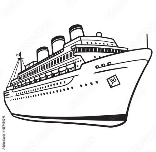 A detailed black and white outline illustration of a large cruise ship at sea