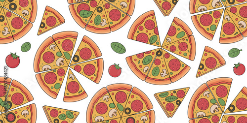 s a seamless pattern of pizza slices and whole pizzas, adorned with pepperoni, mushrooms, olives, and basil leaves, along with scattered small tomatoes. 