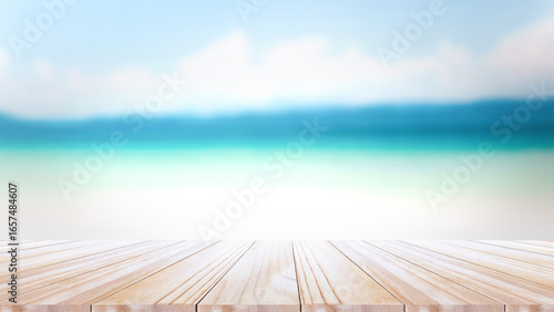 empty of table on top in front of the white beach, background for plain text or products