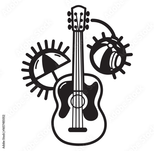 Black and white graphic of a guitar with decorative gears and artistic umbrella design