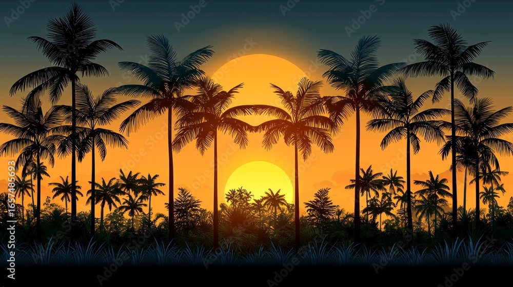 Obraz premium Silhouette of palms against setting sun
