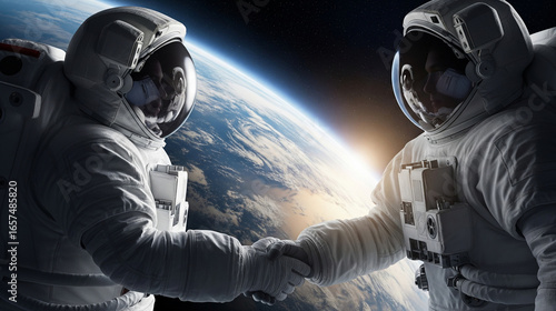 Cosmic Agreement - Two Astronauts Shaking Hands in Orbit as the Sun Rises Over Planet Earth