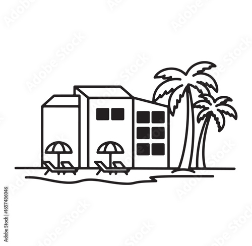 Black and white illustration of a beach resort hotel with palm trees and loungers