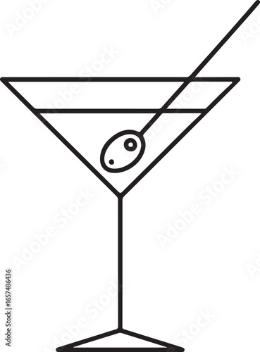 Minimalist outline drawing of a martini glass with an olive and a stirrer