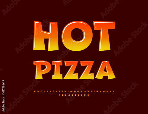 Vector Culinary concept Hot Pizza. Glossy Gradient Font. Exclusive Alphabet Letters and Numbers set.