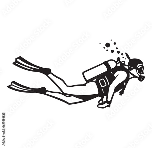Black and white illustration of a scuba diver swimming underwater with bubbles
