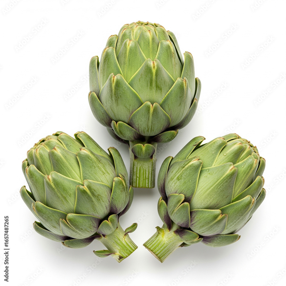 Obraz premium Three Fresh Green Artichokes Stacked on Isolated transparent background