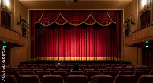 Red theater stage curtain closed in auditorium