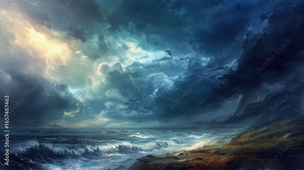 Fototapeta premium Dramatic seascape with stormy clouds and crashing waves