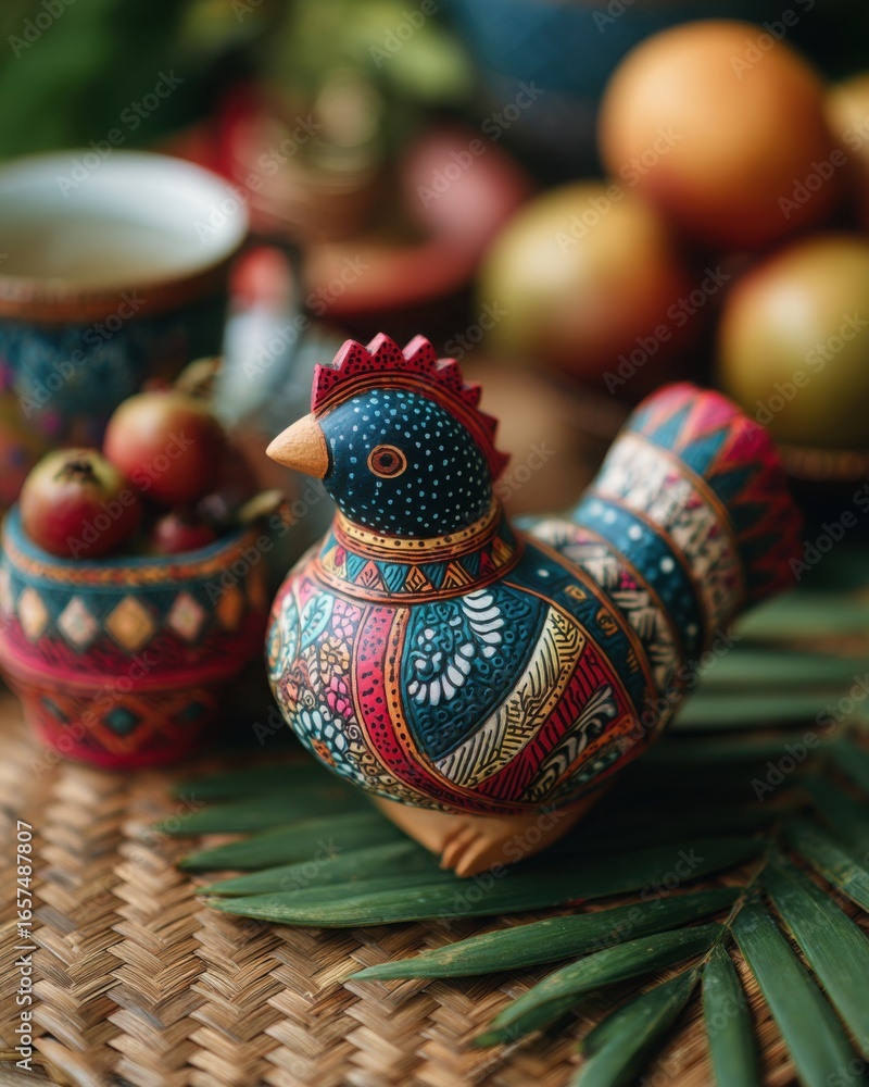 Fototapeta premium Handcrafted Wooden Chicken Figurine with Traditional Folk Art Painting, Cultural Decorative Craft Design