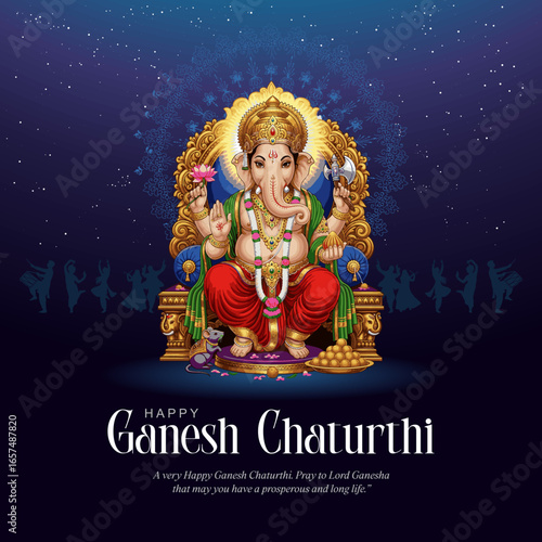 Lord Ganesha Sitting on Throne with Starry Night Background for Ganesh Chaturthi Festival Illustration.