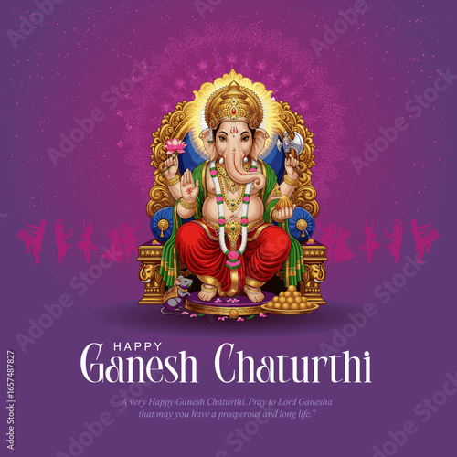 Lord Ganesha Illustration on Throne for Ganesh Chaturthi Festival Celebration with Decorative Background.