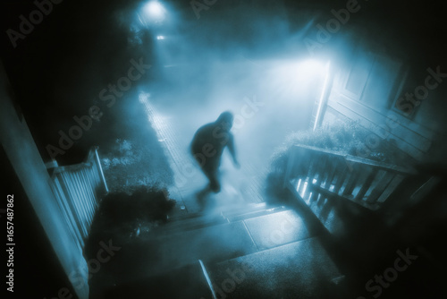 male burglar thief breaks down the door to house at night. House robbery. Home security and alarm system. Video recording from a street surveillance system. Outside CCTV record