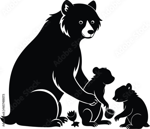 Black Silhouette of Mother Bear and Two Cubs with Honey Pot on White Background family animal