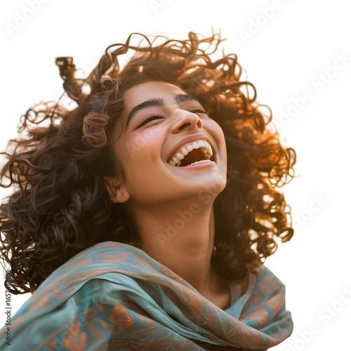 Authentic portrait of a beautiful young woman with voluminous curly hair laughing heartily with pure joy and happiness and bright spirit