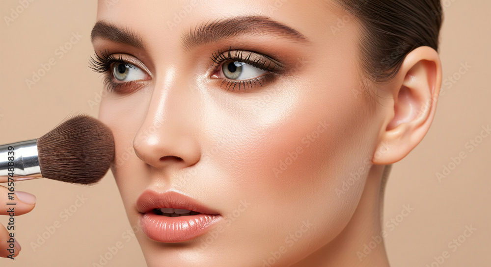 Close Up of Woman Applying Blush with Makeup Brush on Smooth Glowing Skin. Generative AI Close Up of Woman Applying Blush with Makeup Brush on Smooth Glowing Skin. Generative AI