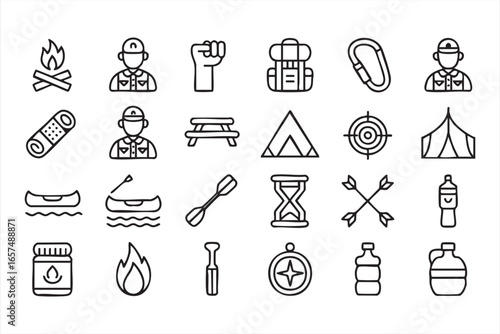 Adventure and Camping Icons for Hiking, Fire, and Expedition Planning