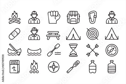 Simple Icons of Adventure Gear, Camping, and Exploration in Monochrome Style