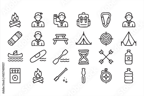 Collection of Wilderness Exploration Icons for Camping, Hiking, and Adventure