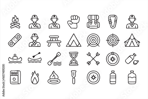 Set of Outdoor Adventure and Camping Icons for Hiking and Exploration