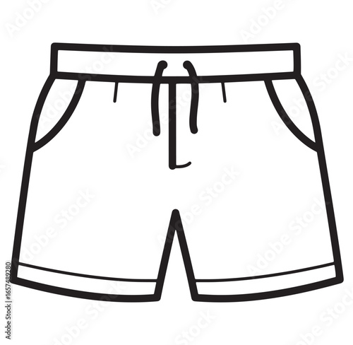 Black and white vector illustration of casual shorts with drawstring and pockets design