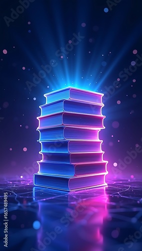 Stack of glowing neon books floating in abstract dark space, futuristic education concept, vibrant colors, knowledge visualization, surreal digital art style