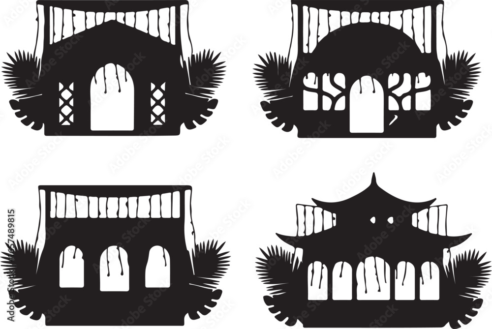 Obraz premium Black silhouette of ornate pavilions with dripping effect