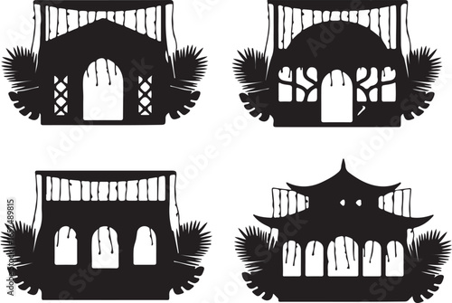 Black silhouette of ornate pavilions with dripping effect