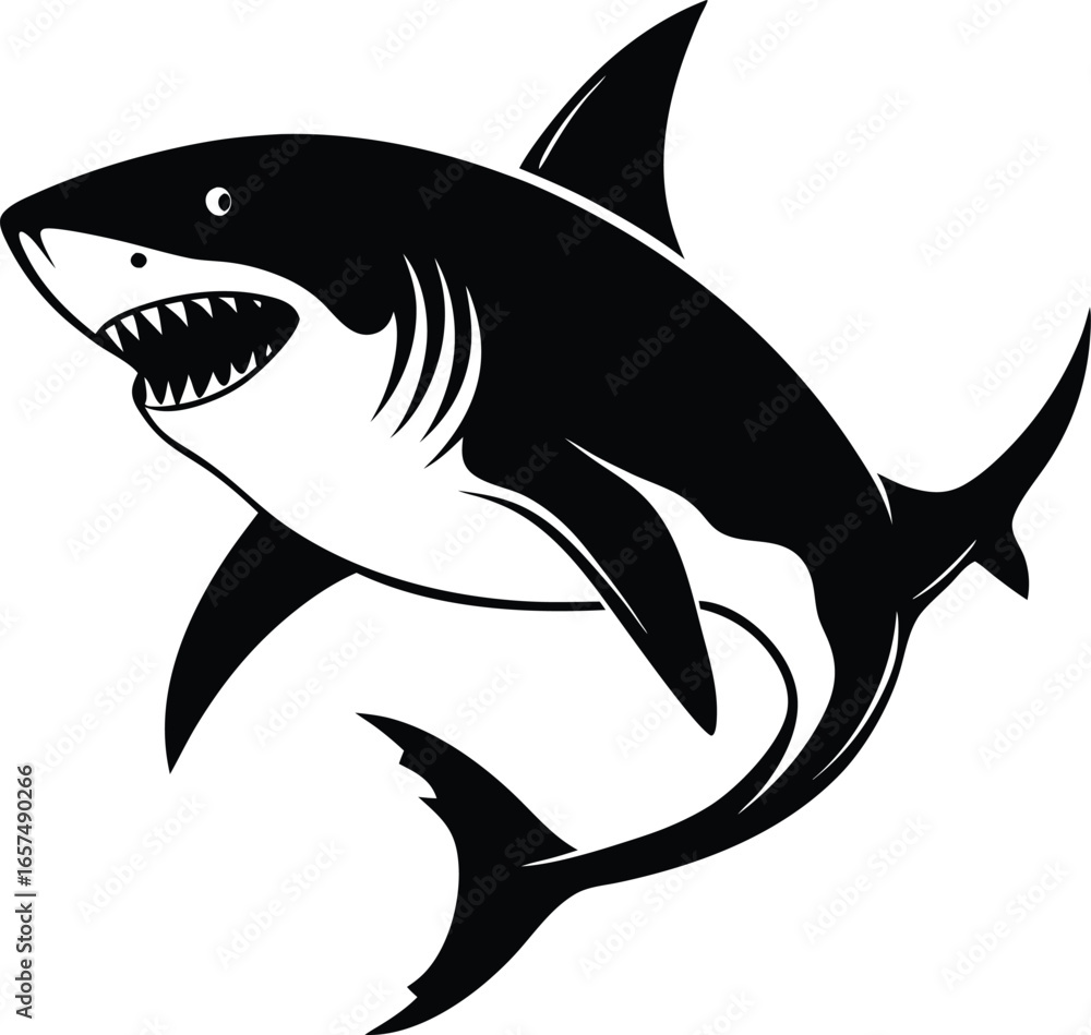 Obraz premium Aggressive Black Silhouette of a Shark with Open Mouth and Teeth fish ocean