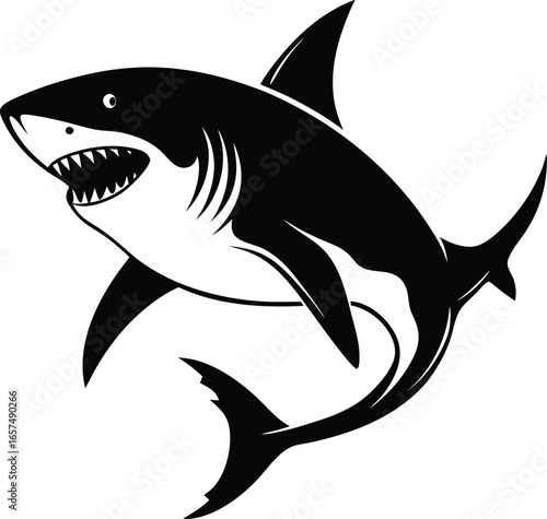 Aggressive Black Silhouette of a Shark with Open Mouth and Teeth fish ocean