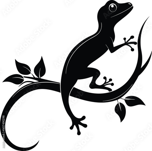 Black Silhouette of a Gecko Climbing on a Branch with Leaves lizard reptile