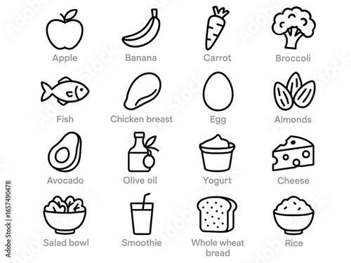 Set of 16 healthy food line icons including apple, banana, carrot, broccoli, fish, chicken breast, egg, almonds, avocado, olive oil, yogurt, cheese, and more.