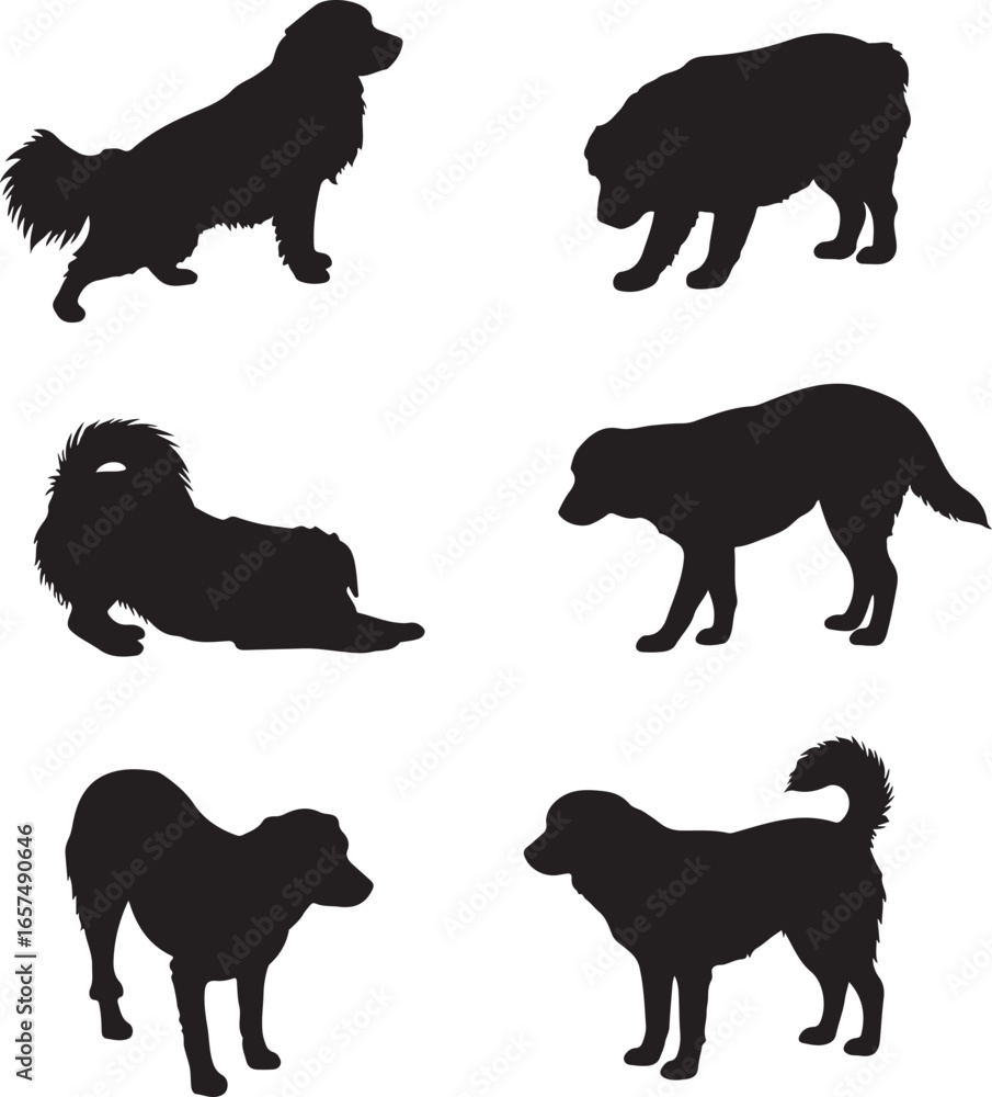 Naklejka premium Six dog silhouettes standing and lying down dogs black