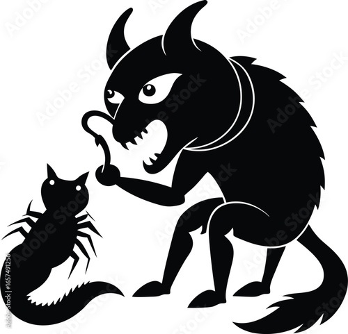 Black silhouette of a wolf-like creature with horns and a hook confronting a small insect-like creature