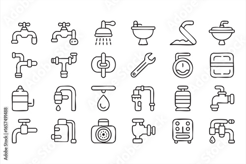 Monochrome Plumbing Icons Featuring Fixtures, Pipes, and Tools