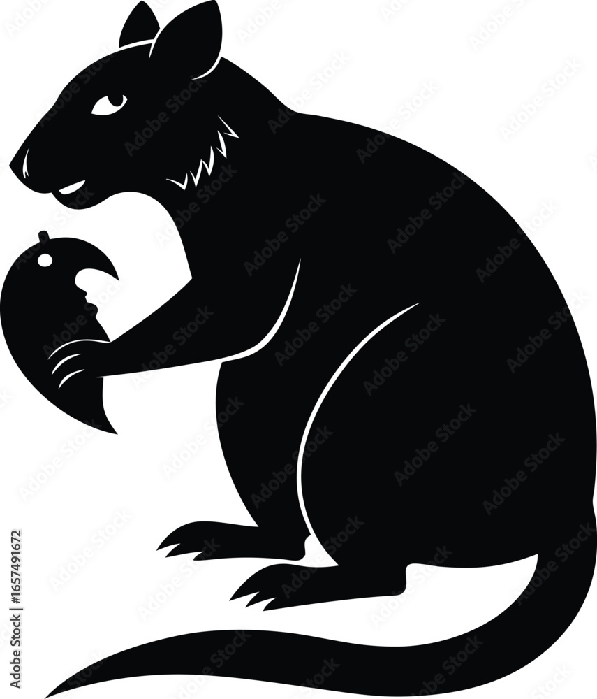 Obraz premium Black Silhouette of a Rat Holding a Fish Shaped Object in its Paws rodent white background