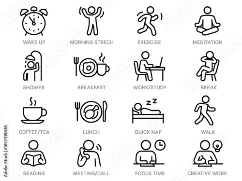 Set of 16 daily routine line icons including wake up, stretch, exercise, meditation, shower, breakfast, work, break, lunch, nap, walk, reading, and more.