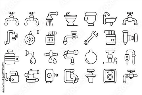 Modern Line Art Set of Plumbing Tools and Bathroom Fixtures