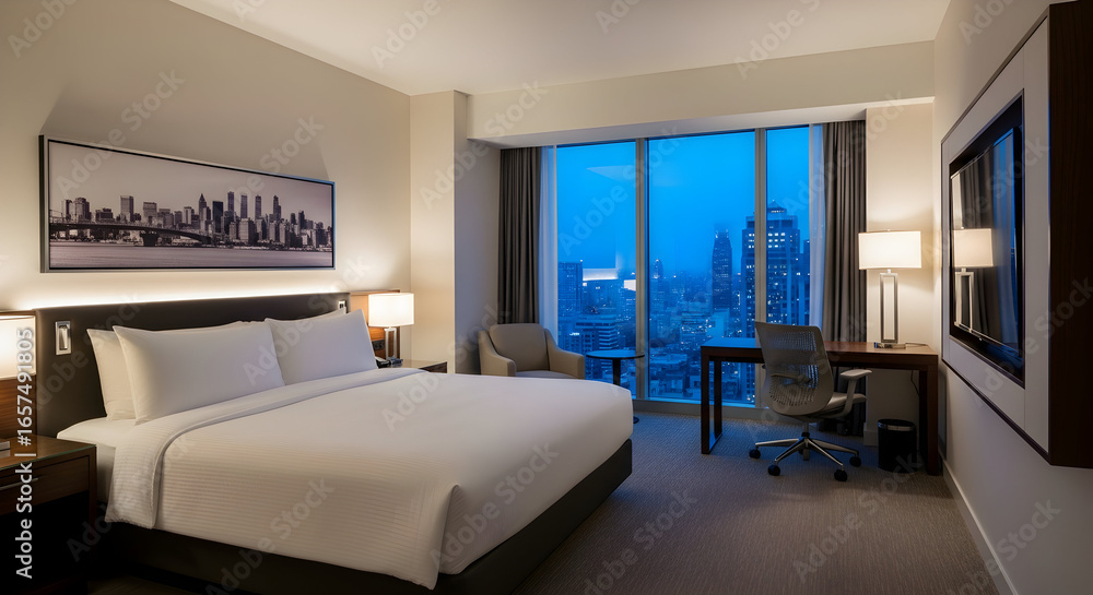 Fototapeta premium Modern and Luxurious Hotel Room with Stunning Night City View