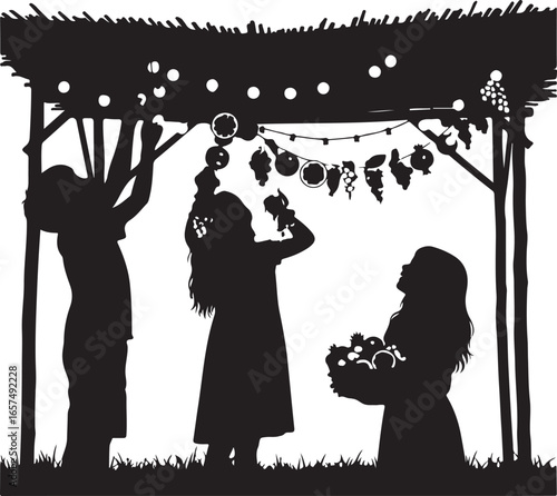 Children decorating sukkah with fruit and lights pomegranates