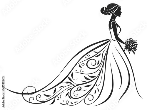 Elegant Line Drawing of a Wedding Gown isolated on transparent background