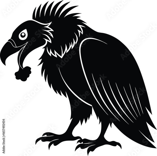 Black silhouette of a vulture with open beak and detailed feathers bird raptor