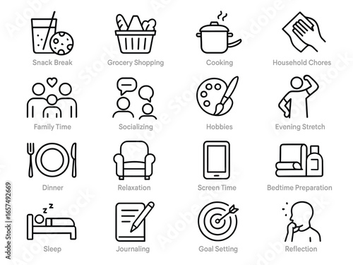 Set of 16 daily routine line icons including snack break, grocery shopping, cooking, chores, family time, hobbies, dinner, relaxation, sleep, journaling, and more.
