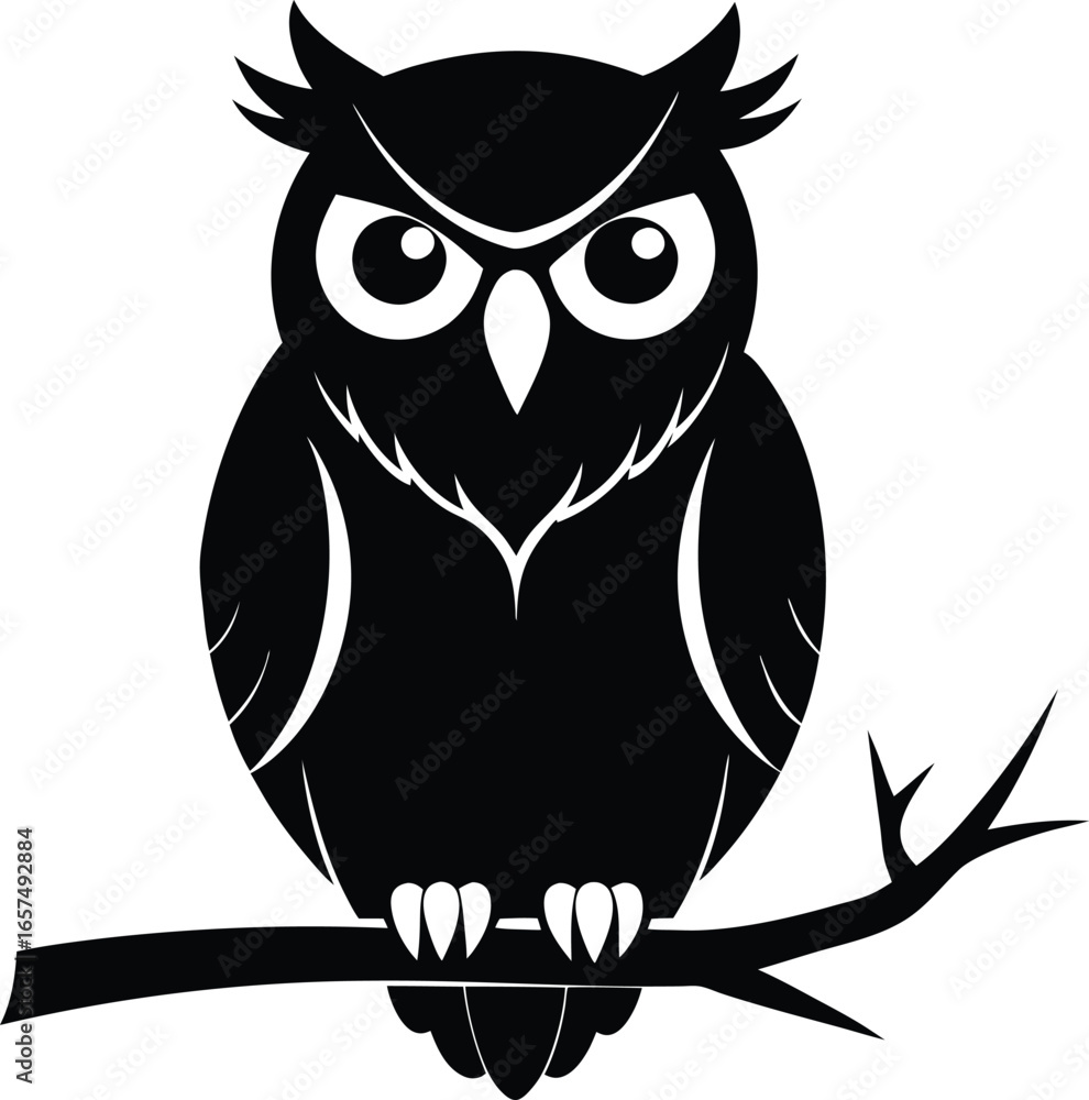 Fototapeta premium Black Silhouette of an Owl with Big Eyes Perched on a Branch bird black and white