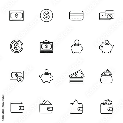 Clean line art icons representing money, savings, and payment methods for financial concepts.