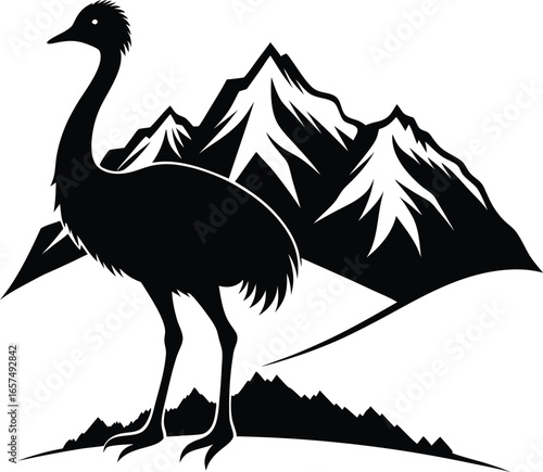 Black Silhouette of an Emu with Snowy Mountains in the Background ostrich bird