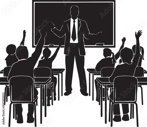 Teacher instructing students raising hands classroom